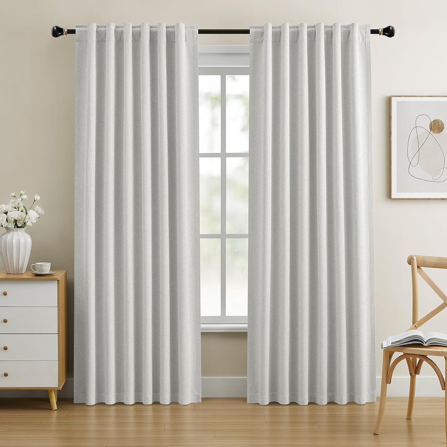 Dreaming Casa 100% Blackout Curtains 84 Inches Long, Linen Textured Window Treatment Rod Pocket & Back Tab Curtain Drapes for Bedroom Living Room Divider, 2 Panels, 52" W x 84" L, Linen