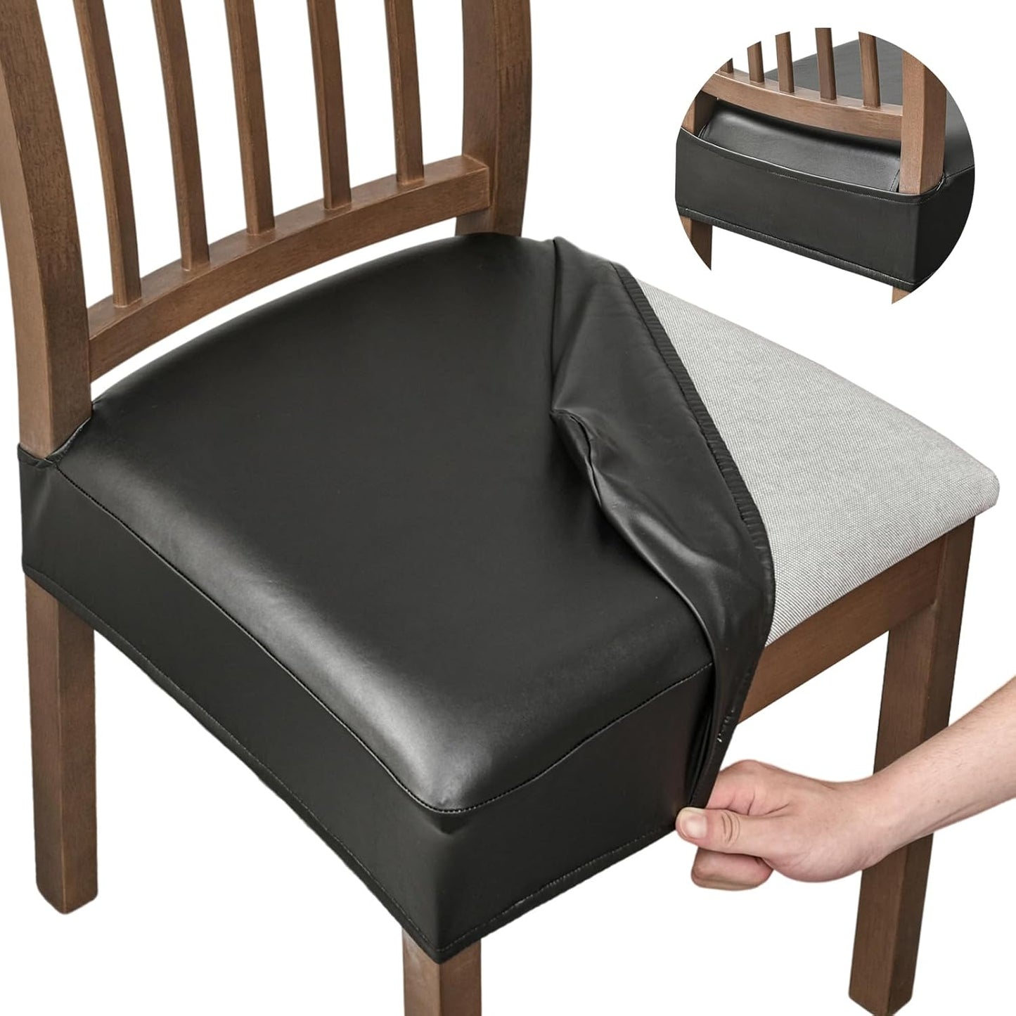 NILUOH Waterproof Seat Covers for Dining Room Chairs Set of 4, Pu Leather Chair Seat Slipcovers Dining Chair Cover Removable Washable Chair Protctor Cover, Rear Covers (PU-Coffee)