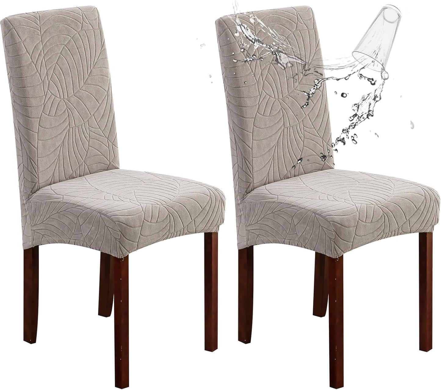 Genina Waterproof Chair Covers for Dining Room 6 Pack, Stretch Jacquard Dining Chair Cover Removable Washable Chair Protectors Cover for Kitchen, Home (Leaves-Warm Gray, 6 PCS)