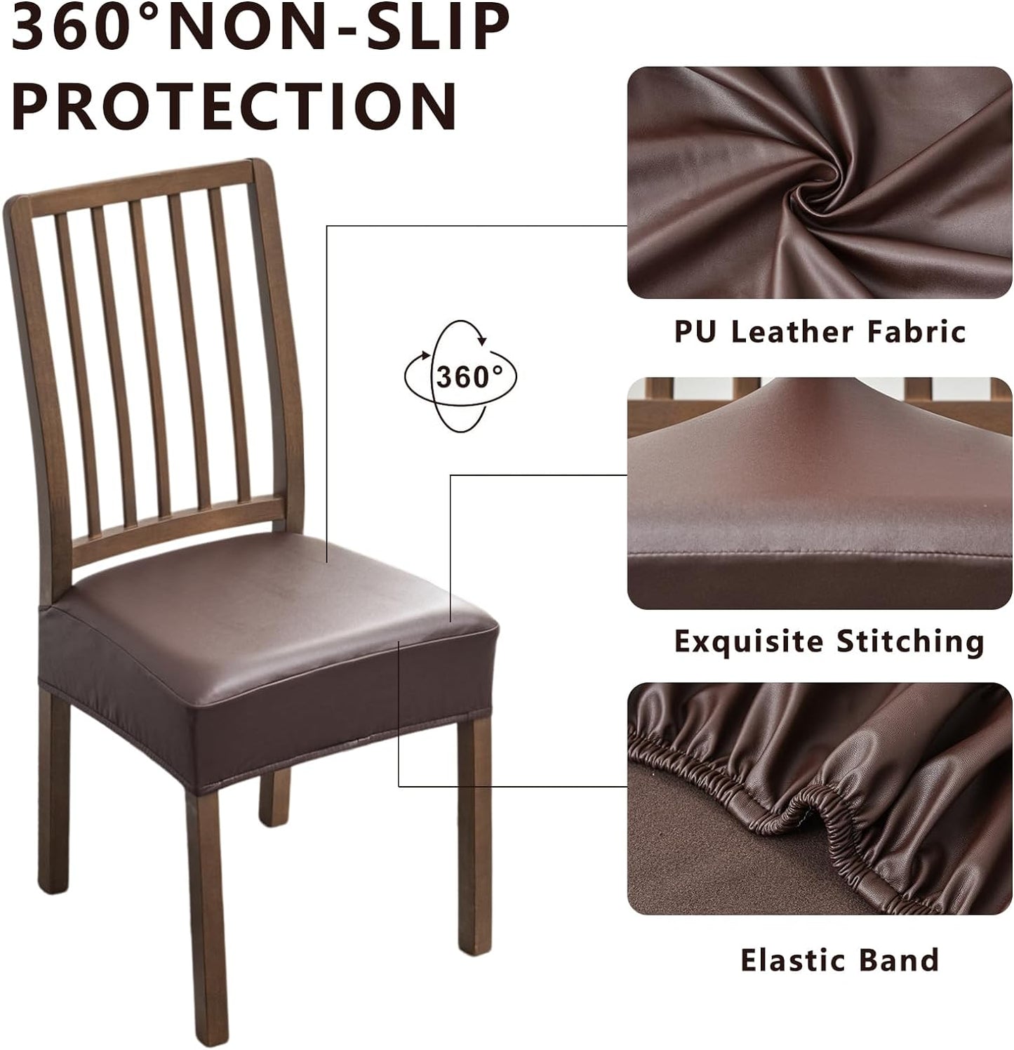 NILUOH Waterproof Seat Covers for Dining Room Chairs Set of 4, Pu Leather Chair Seat Slipcovers Dining Chair Cover Removable Washable Chair Protctor Cover, Rear Covers (PU-Coffee)