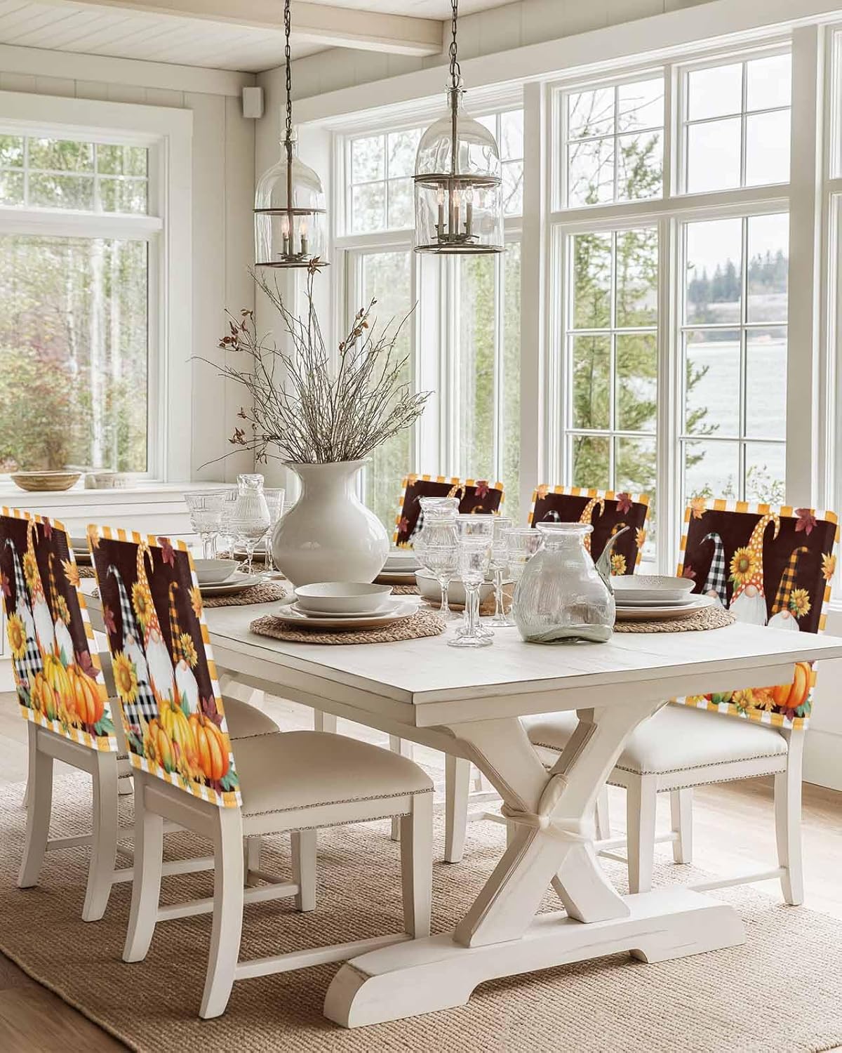 4Pack Dining Room Chair Back Covers Farm Sunflowers Pumpkins Stretch Removable Chair Protector Fall Gnomes Yellow Plaid Washable Chair Slipcovers for Home Kitchen,Hotel,Holiday Party