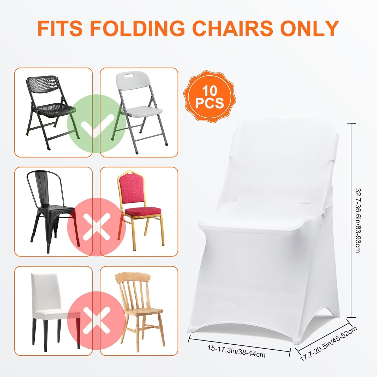 10 Pack White Folding Chair Covers for Party, Spandex Chair Covers for Wedding, Stretch Seat Cover 10 Pieces, Universal Fitted Polyester Slipcovers for Dining Chairs, Parties & Banquet (10 PCS)