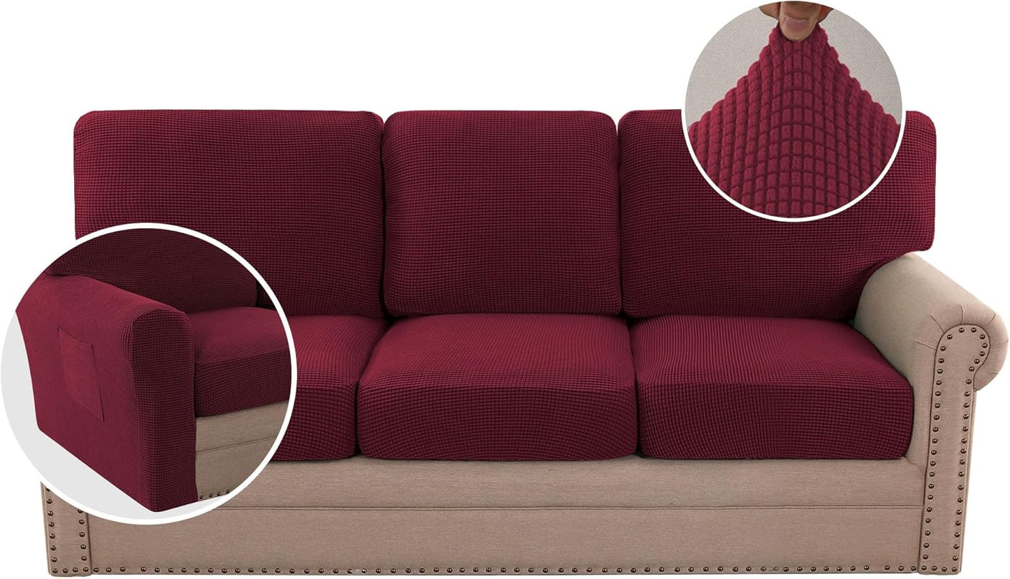 H.VERSAILTEX Multi-Pieces Sofa Covers Stretch Couch Covers Form Fitted Seats and Back Cushions Covers (3 Seat Covers Plus 3 Back Cusion Covers, Bonus 2 Armrest Covers), Grey
