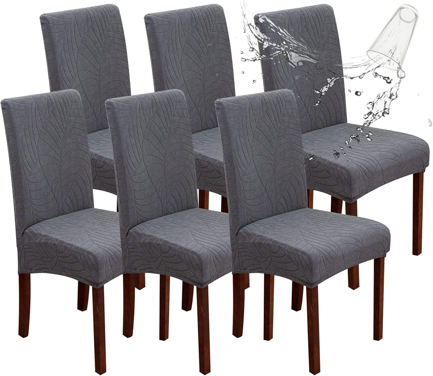 Genina Waterproof Chair Covers for Dining Room 6 Pack, Stretch Jacquard Dining Chair Cover Removable Washable Chair Protectors Cover for Kitchen, Home (Leaves-Warm Gray, 6 PCS)