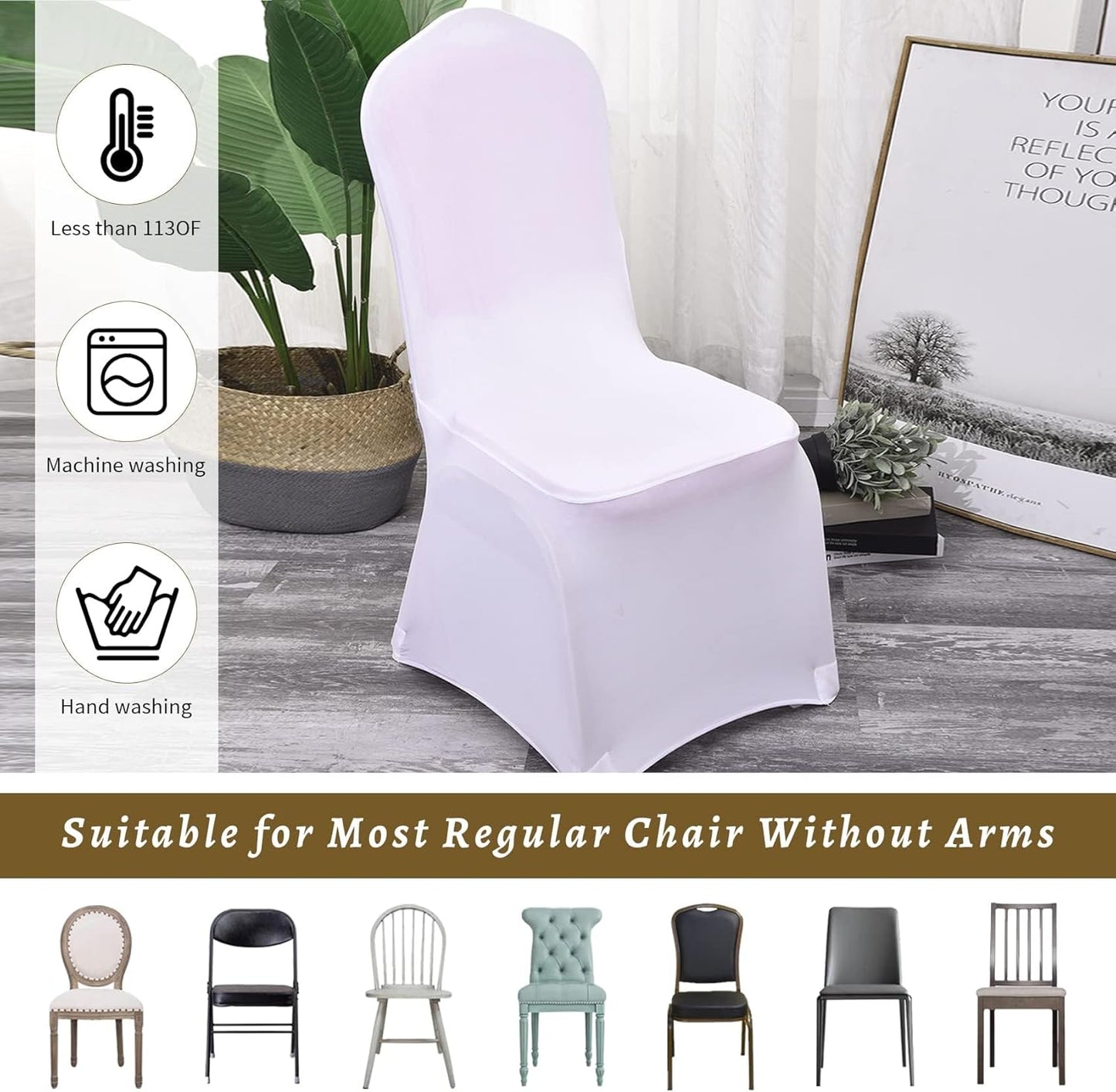 100 Pcs White Washable Removable Universal for Wedding Party Dining Banquet Polyester Spandex Stretch Slipcovers Chair Covers