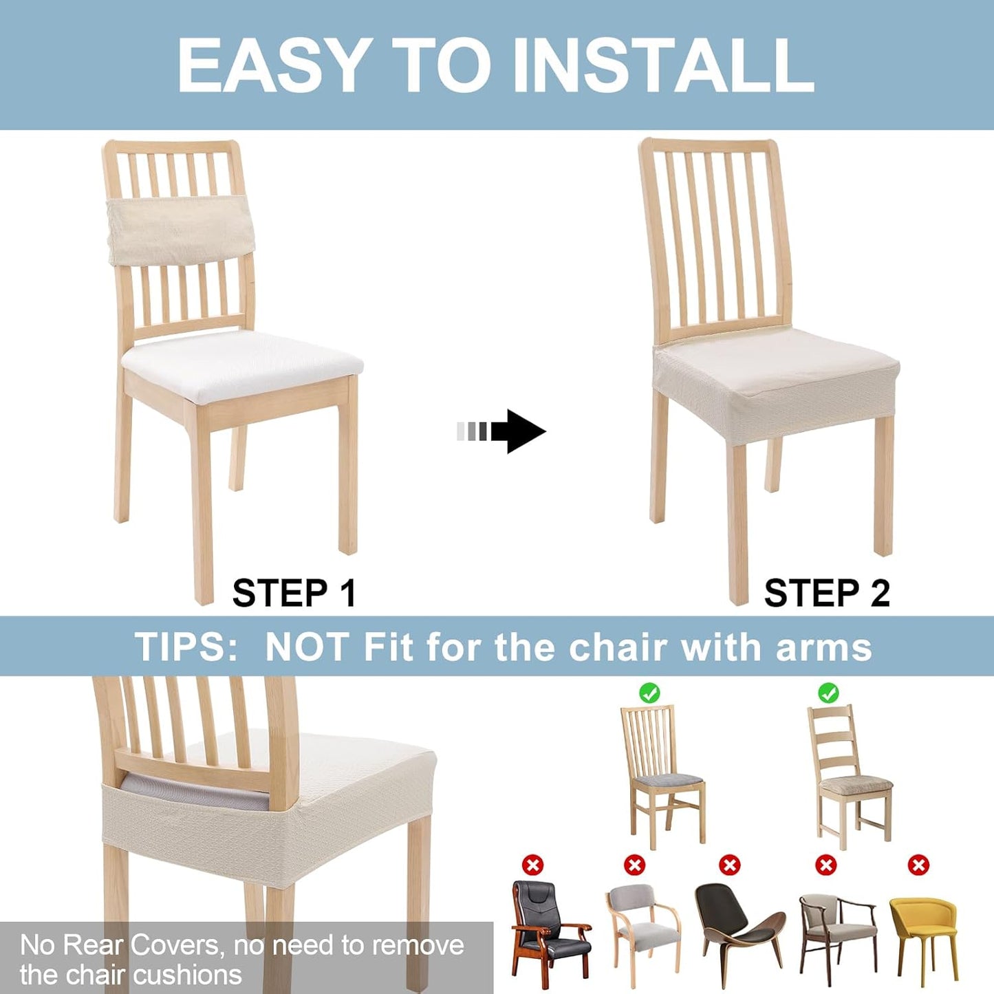 Smiry Stretch Jacquard Seat Covers for Dining Room Chairs Set of 6, Removable Washable Chair Seat Protector Slipcovers, No Rear Covers, Beige