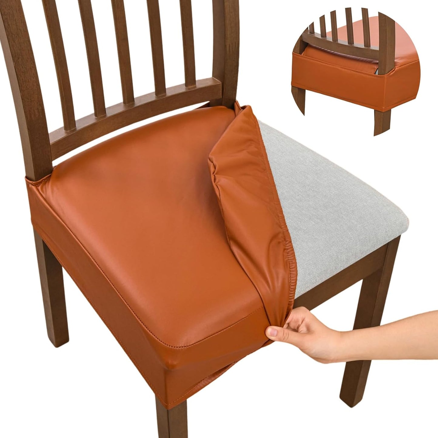 NILUOH Waterproof Seat Covers for Dining Room Chairs Set of 4, Pu Leather Chair Seat Slipcovers Dining Chair Cover Removable Washable Chair Protctor Cover, Rear Covers (PU-Coffee)