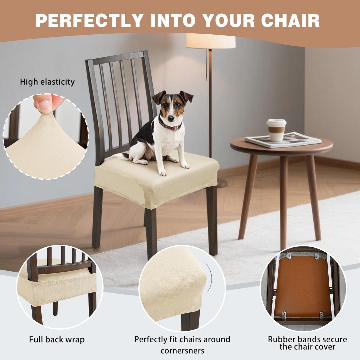 Dining Chair Covers, Stretch Removable Washable Kitchen Chair Covers Set of 4, Soft Dining Chair Slipcovers Protectors, Seat Covers for Dining Room Chairs (Set of 4, Beige)