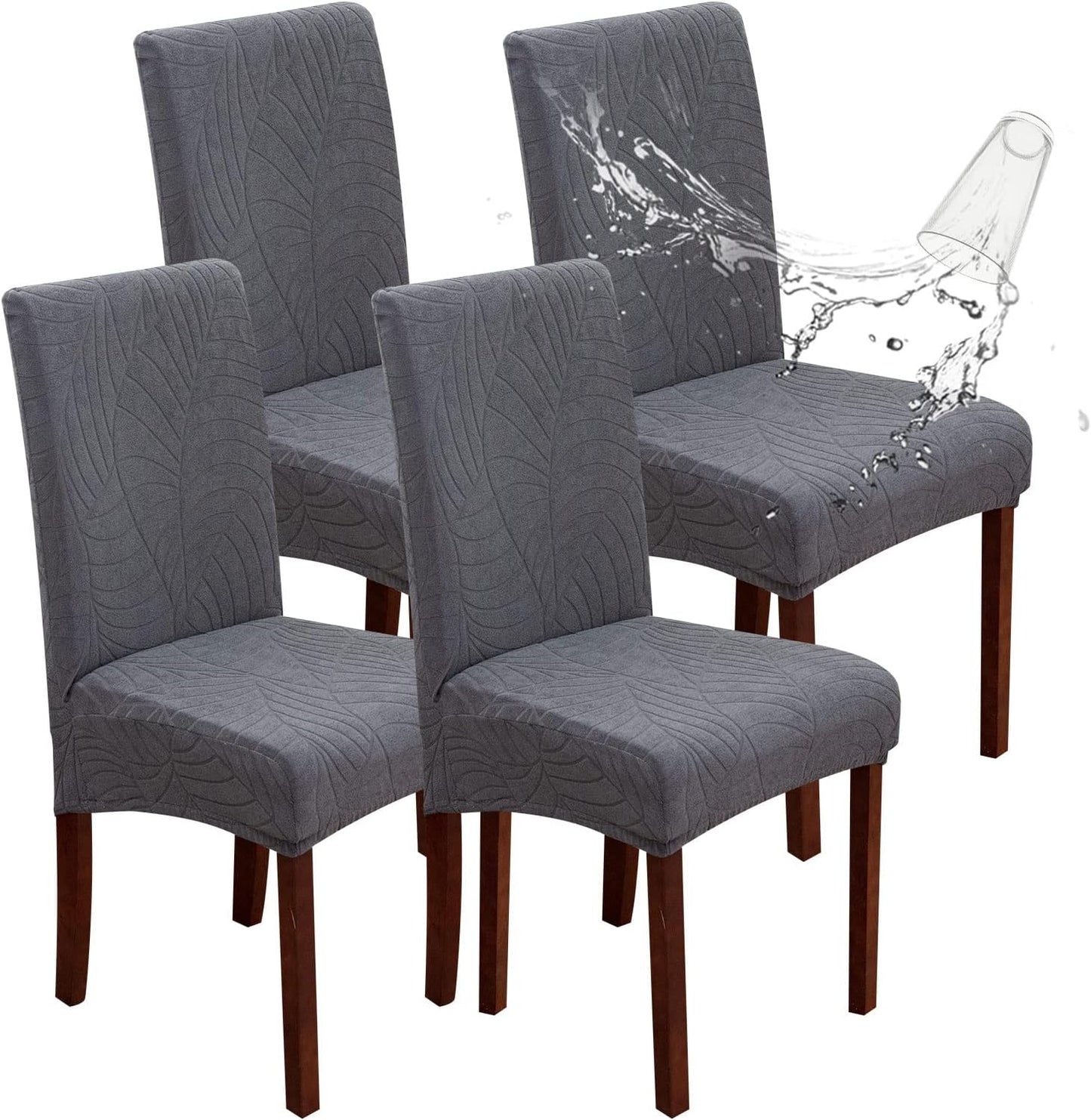Genina Waterproof Chair Covers for Dining Room 6 Pack, Stretch Jacquard Dining Chair Cover Removable Washable Chair Protectors Cover for Kitchen, Home (Leaves-Warm Gray, 6 PCS)
