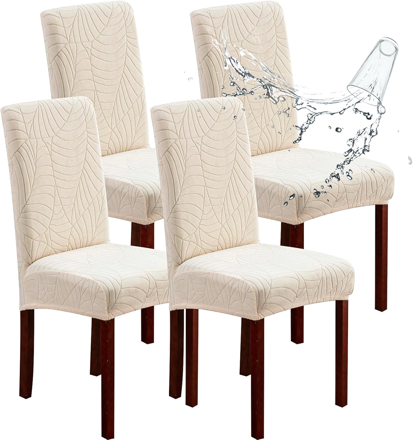 Genina Waterproof Chair Covers for Dining Room 6 Pack, Stretch Jacquard Dining Chair Cover Removable Washable Chair Protectors Cover for Kitchen, Home (Leaves-Warm Gray, 6 PCS)