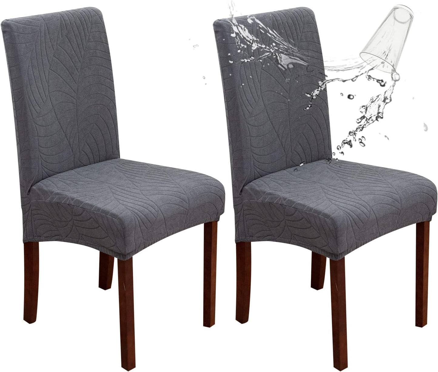 Genina Waterproof Chair Covers for Dining Room 6 Pack, Stretch Jacquard Dining Chair Cover Removable Washable Chair Protectors Cover for Kitchen, Home (Leaves-Warm Gray, 6 PCS)