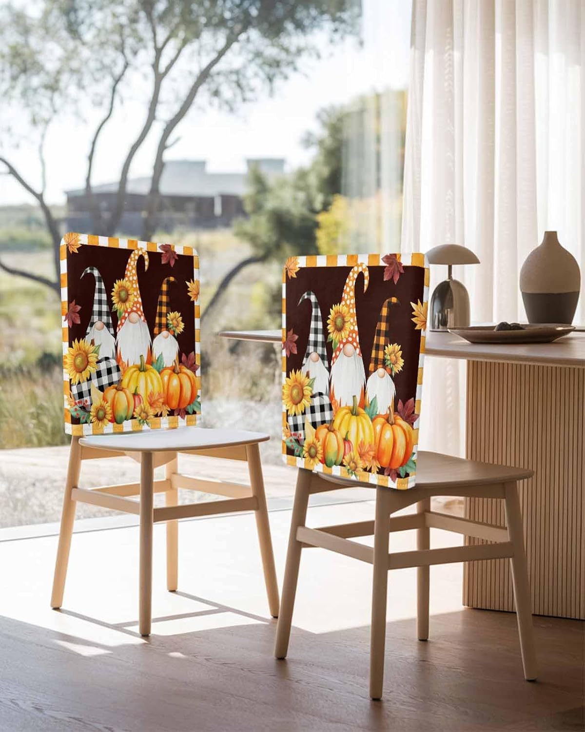 4Pack Dining Room Chair Back Covers Farm Sunflowers Pumpkins Stretch Removable Chair Protector Fall Gnomes Yellow Plaid Washable Chair Slipcovers for Home Kitchen,Hotel,Holiday Party