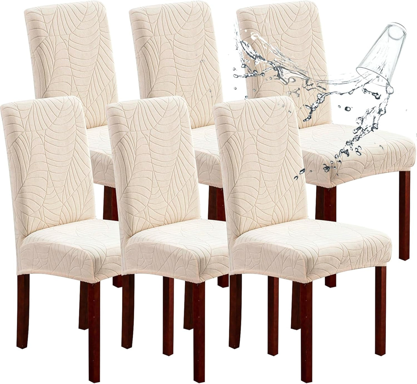 Genina Waterproof Chair Covers for Dining Room 6 Pack, Stretch Jacquard Dining Chair Cover Removable Washable Chair Protectors Cover for Kitchen, Home (Leaves-Warm Gray, 6 PCS)