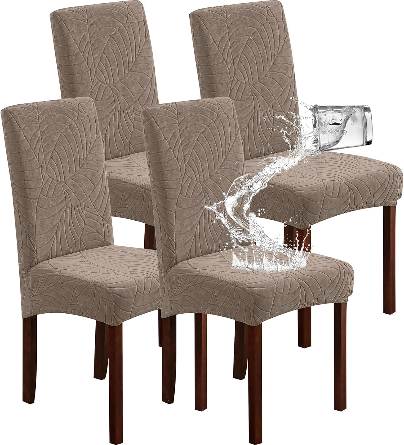 Genina Waterproof Chair Covers for Dining Room 6 Pack, Stretch Jacquard Dining Chair Cover Removable Washable Chair Protectors Cover for Kitchen, Home (Leaves-Warm Gray, 6 PCS)