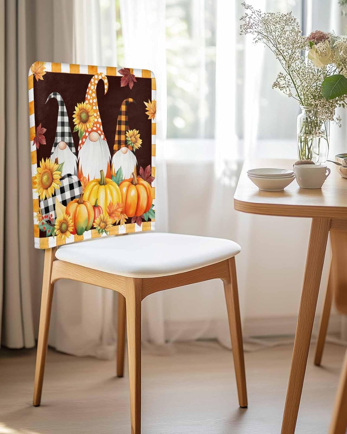 4Pack Dining Room Chair Back Covers Farm Sunflowers Pumpkins Stretch Removable Chair Protector Fall Gnomes Yellow Plaid Washable Chair Slipcovers for Home Kitchen,Hotel,Holiday Party