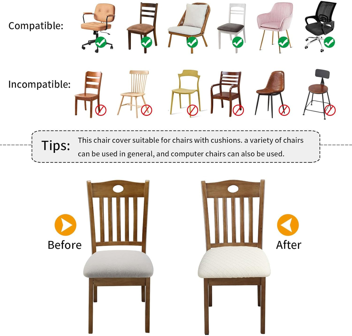 Stretch Chair Seat Covers 6 PCS, Removable Washable Dining Chair Covers Anti-Dust Dining Room Seat Cushion Slipcovers (6, Beige)