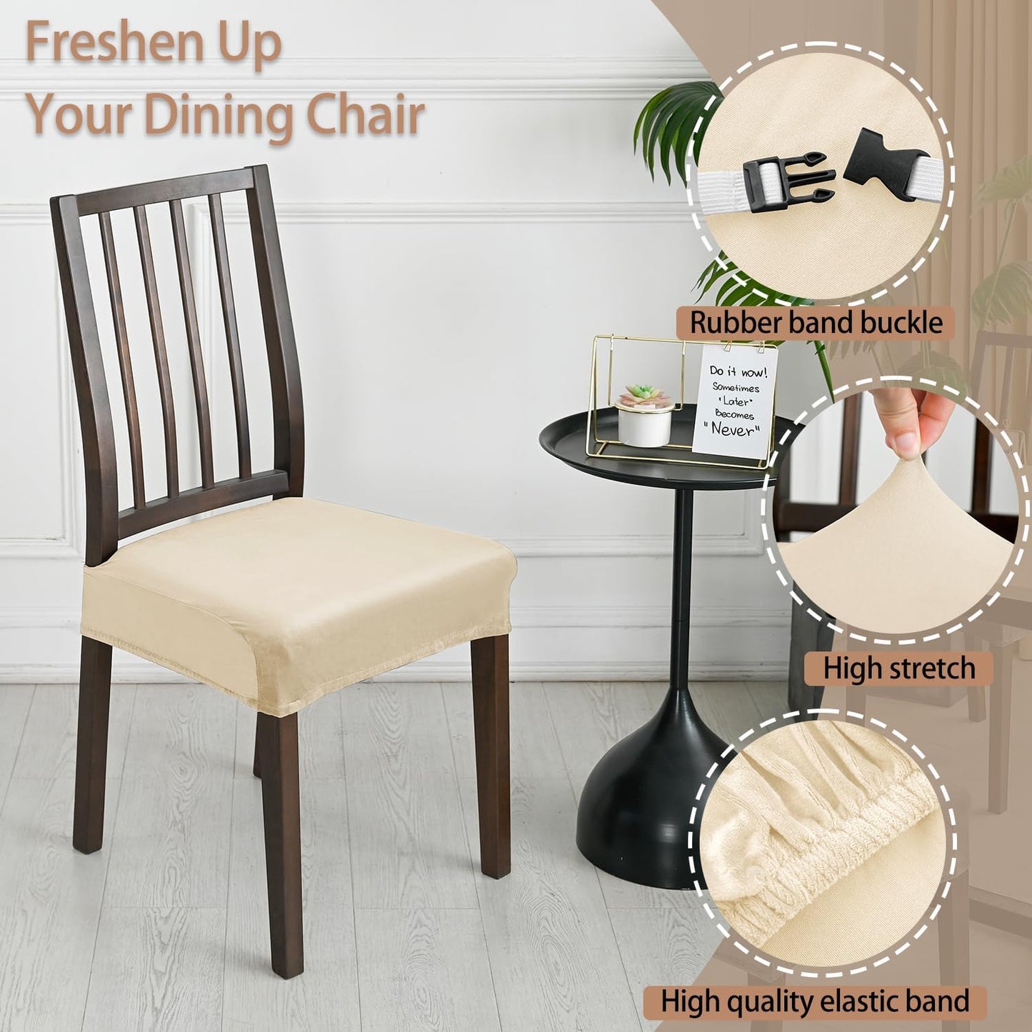 Dining Chair Covers, Stretch Removable Washable Kitchen Chair Covers Set of 4, Soft Dining Chair Slipcovers Protectors, Seat Covers for Dining Room Chairs (Set of 4, Beige)