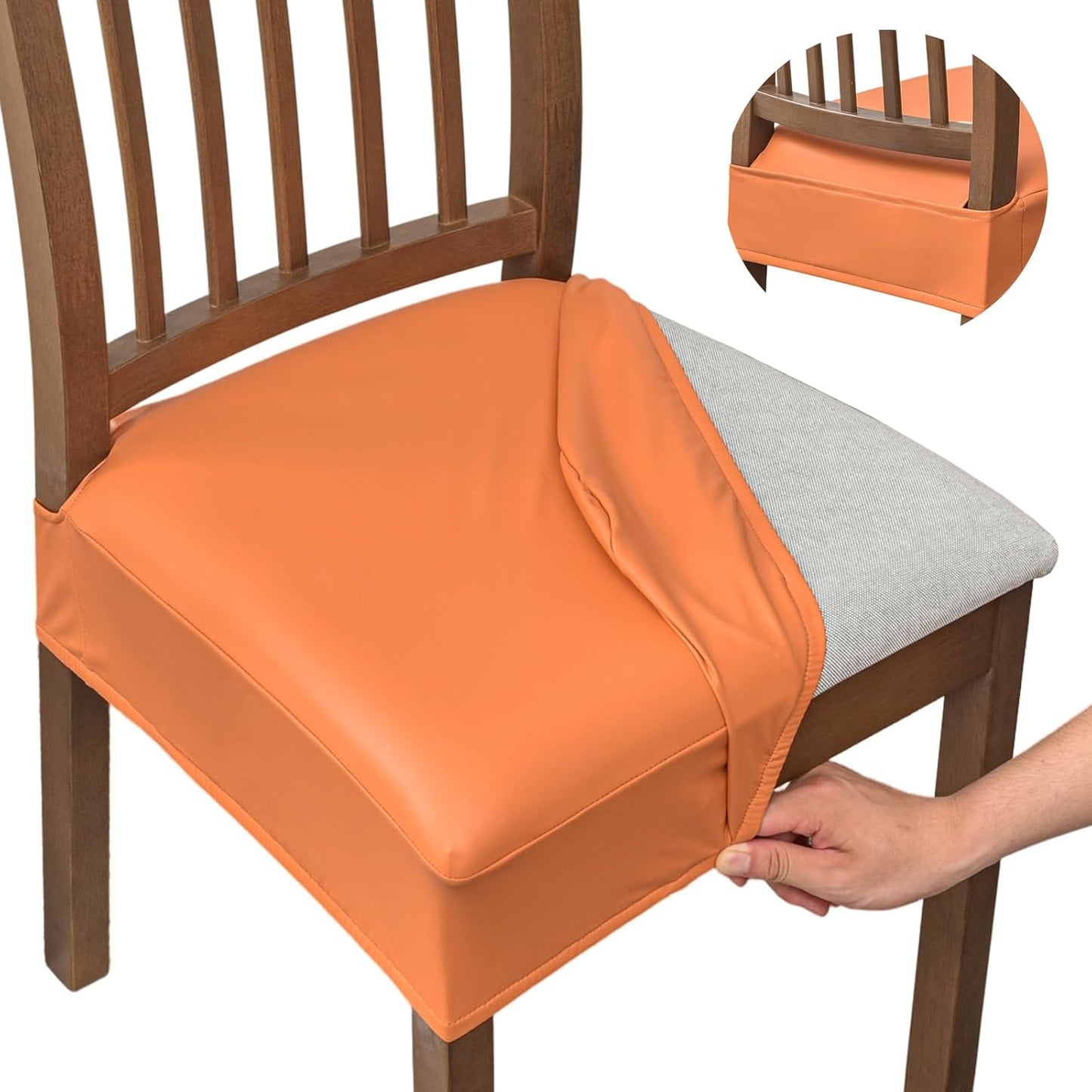 NILUOH Waterproof Seat Covers for Dining Room Chairs Set of 4, Pu Leather Chair Seat Slipcovers Dining Chair Cover Removable Washable Chair Protctor Cover, Rear Covers (PU-Coffee)