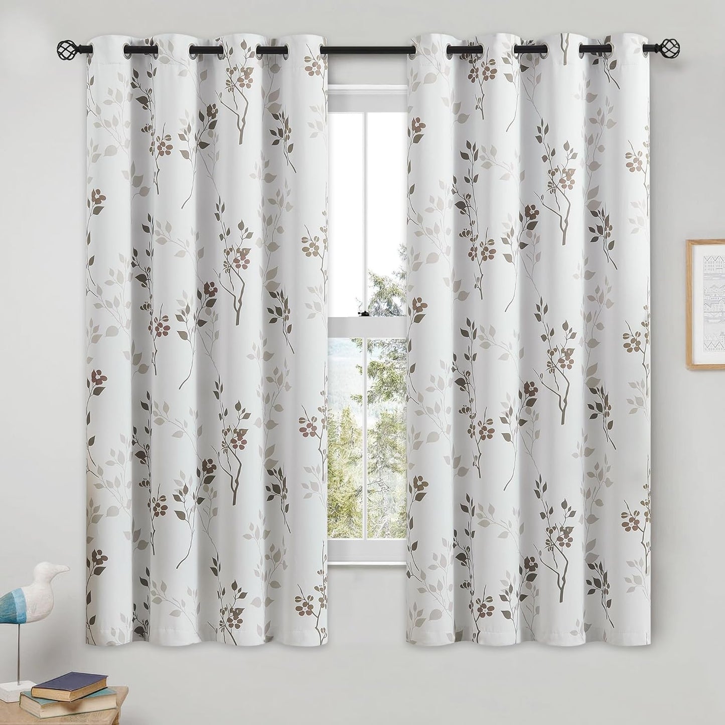 Beauoop Floral 100% Blackout Curtains 84 Inches Long 2 Panels for Bedroom Living Room Grey White Flower Patterned Room Darkening Thermal Insulated Soundproof Grommet Window Treatments Drapes, 52X84
