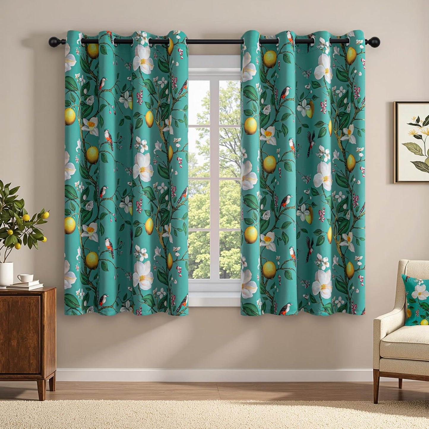 MYSKY HOME Floral Blackout Curtains 84 inch Long for Living Room Vintage French Country Grommet Lemon Hummingbird Patterned Room Darkening Thermal Drapes Bedroom Dining Room, 2 Pcs, 52", Sage Green