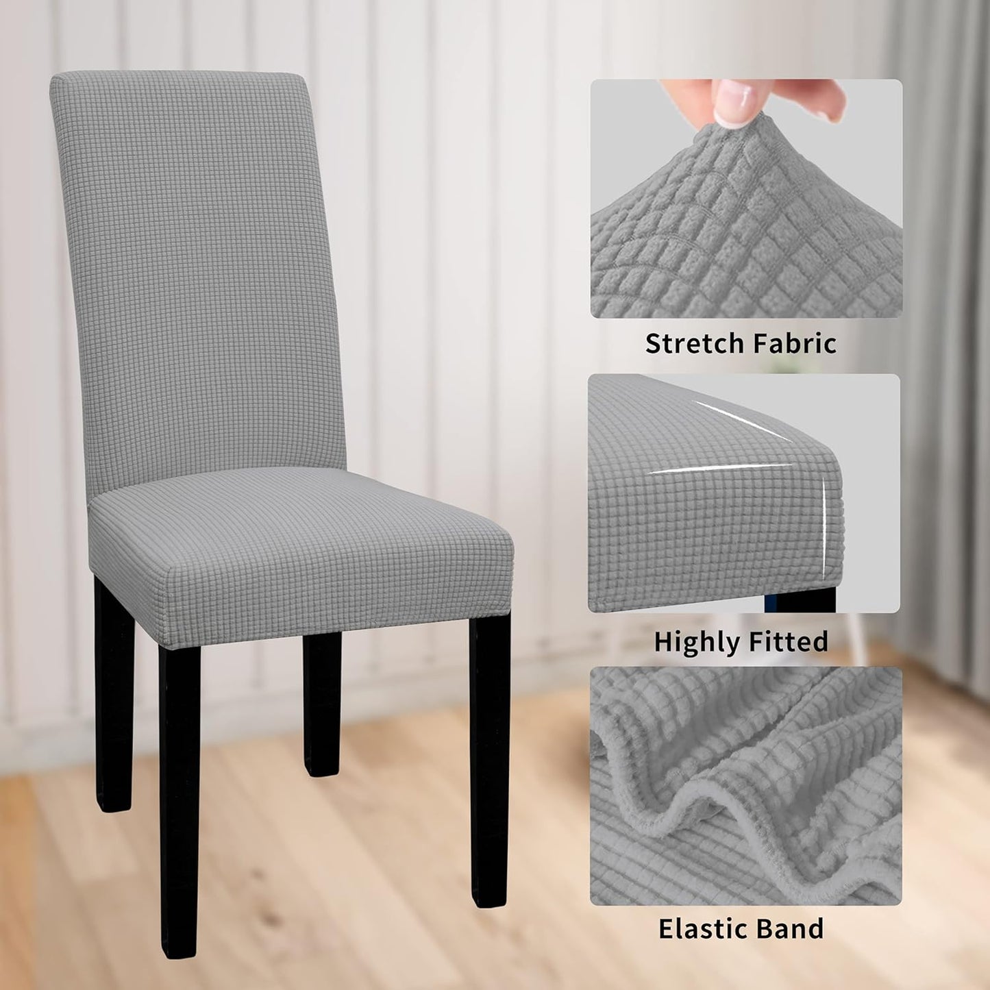 Easy-Going 100% Waterproof Dining Room Chair Cover Set of 6, Stretch Jacquard Parson Chair Slipcover Removable Washable Chair Protector for Home, Restaurant, Banquet (Large, Light Gray)