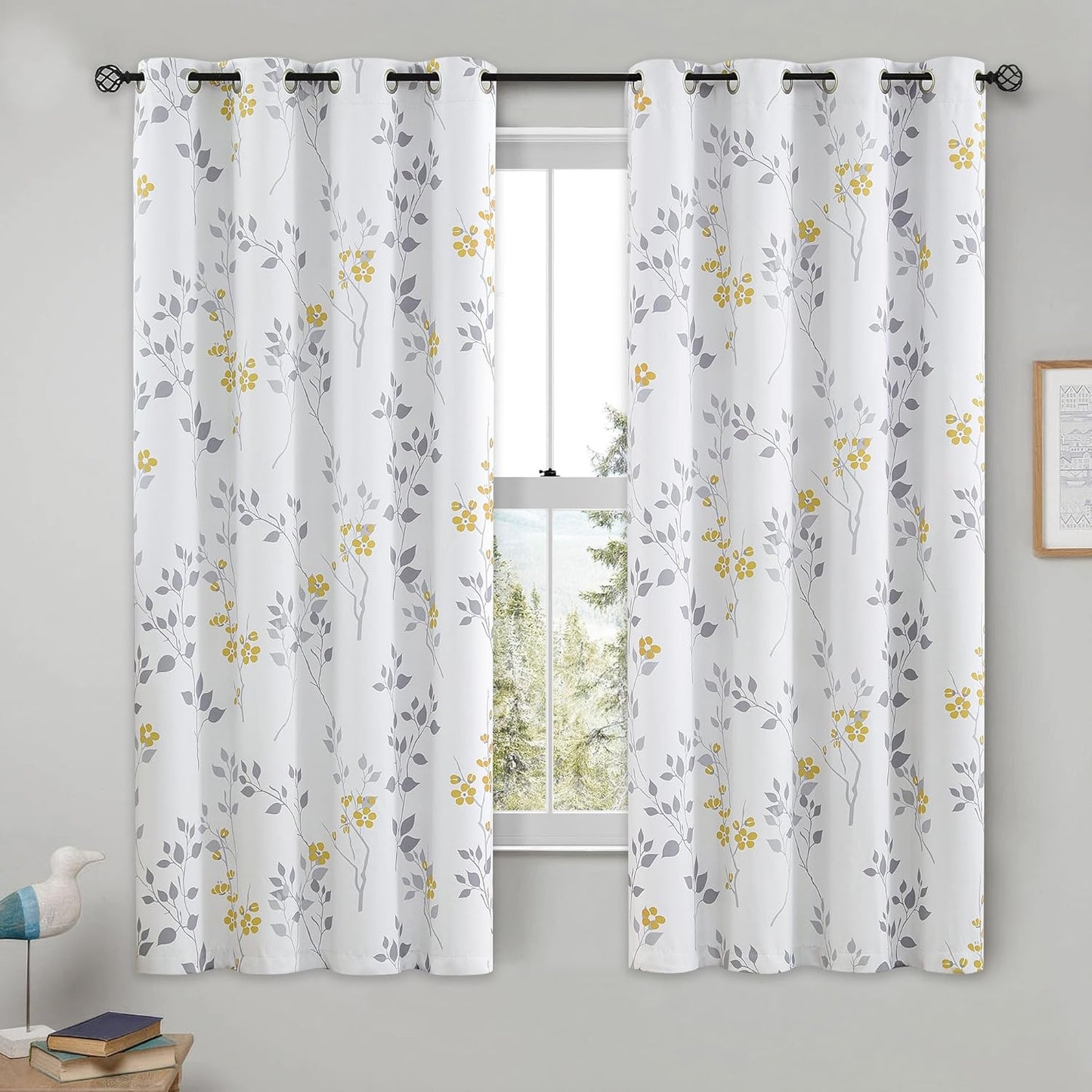 Beauoop Floral 100% Blackout Curtains 84 Inches Long 2 Panels for Bedroom Living Room Grey White Flower Patterned Room Darkening Thermal Insulated Soundproof Grommet Window Treatments Drapes, 52X84