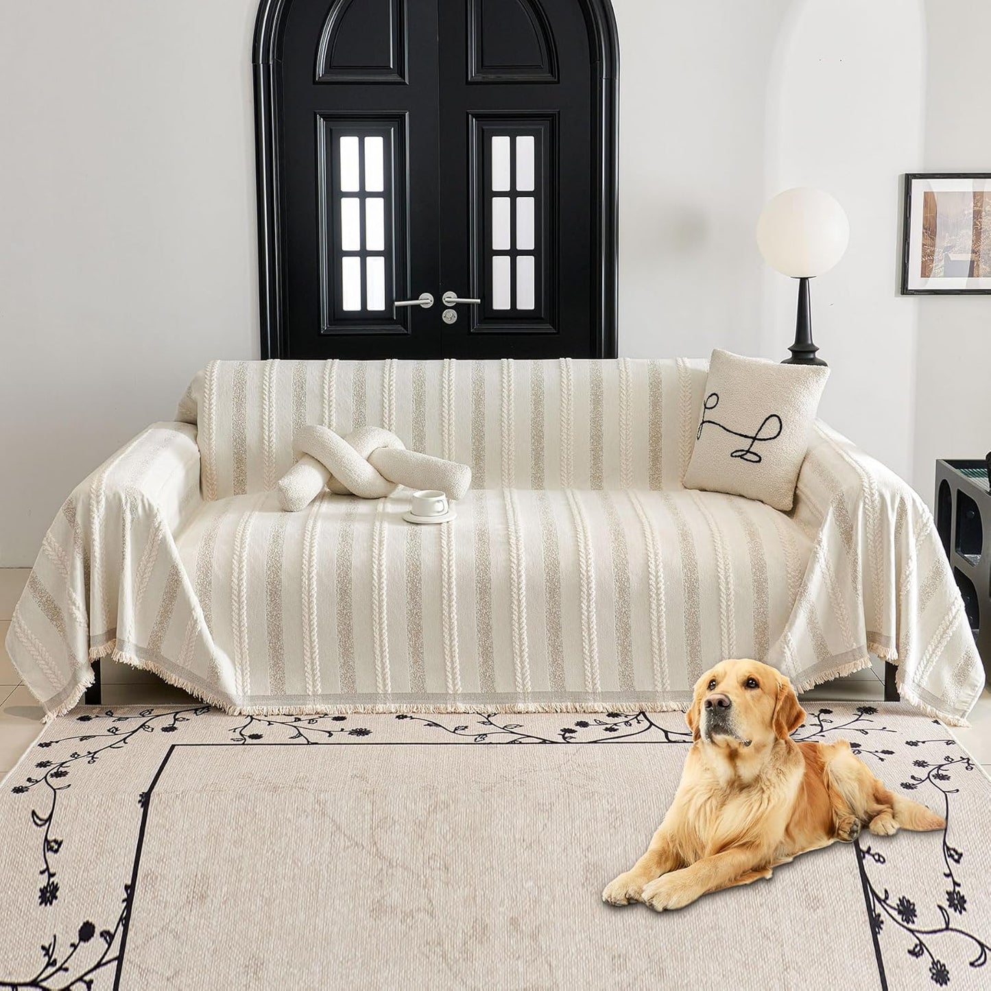 HAOMAIJIA Non Slip Couch Cover Sofa Covers for 3 Cushion Couch Washable sectional Couch Covers for Dogs pet Furniture Protector Couch Cover Blanket for Living Room (Off White, 91"x134")
