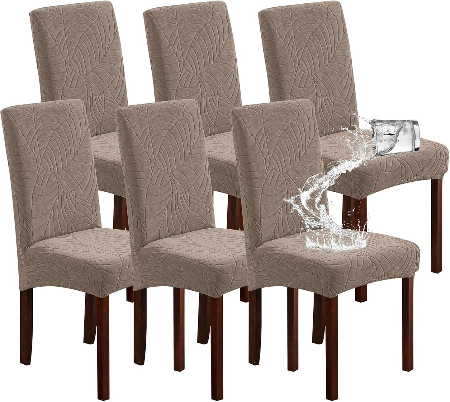 Genina Waterproof Chair Covers for Dining Room 6 Pack, Stretch Jacquard Dining Chair Cover Removable Washable Chair Protectors Cover for Kitchen, Home (Leaves-Warm Gray, 6 PCS)