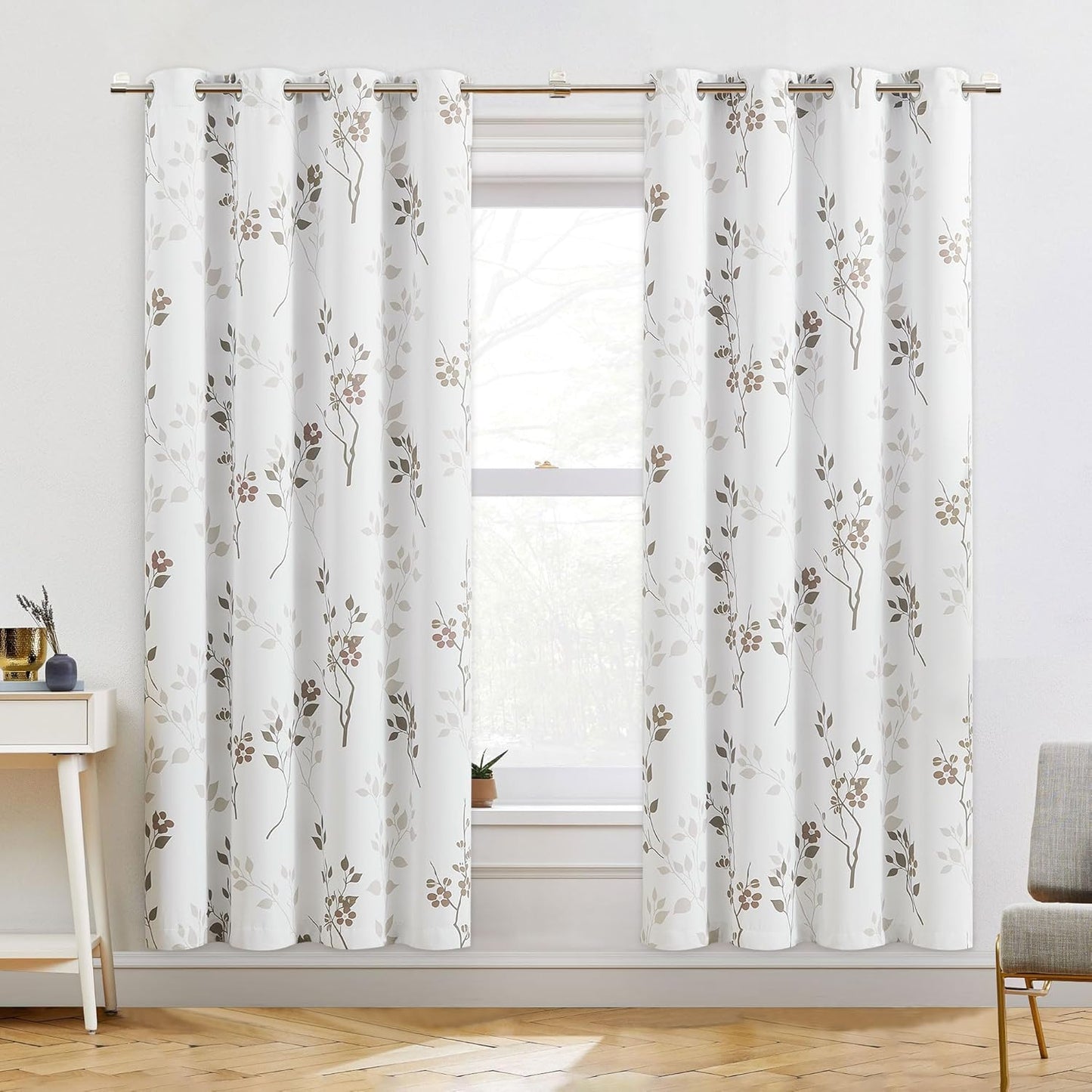 Beauoop Floral 100% Blackout Curtains 84 Inches Long 2 Panels for Bedroom Living Room Grey White Flower Patterned Room Darkening Thermal Insulated Soundproof Grommet Window Treatments Drapes, 52X84
