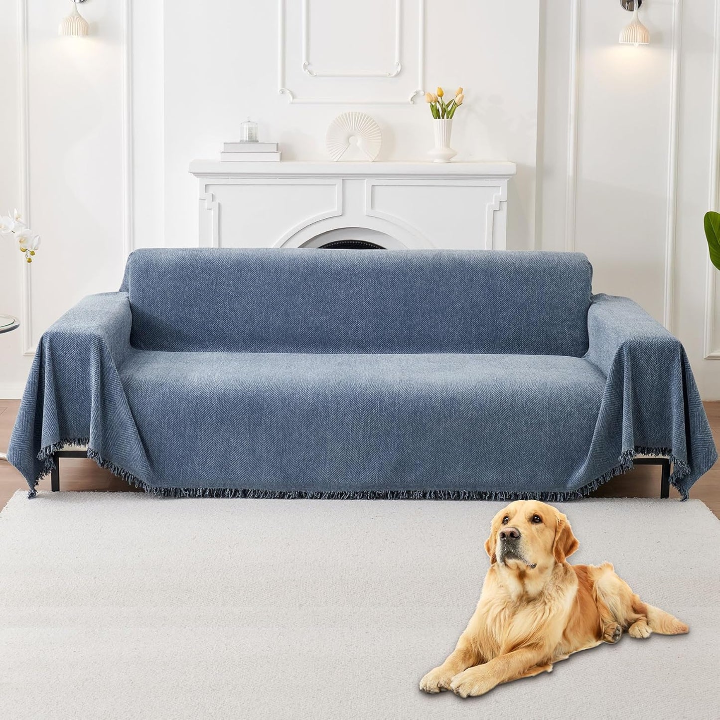 HAOMAIJIA Non Slip Couch Cover Sofa Covers for 3 Cushion Couch Washable sectional Couch Covers for Dogs pet Furniture Protector Couch Cover Blanket for Living Room (Off White, 91"x134")