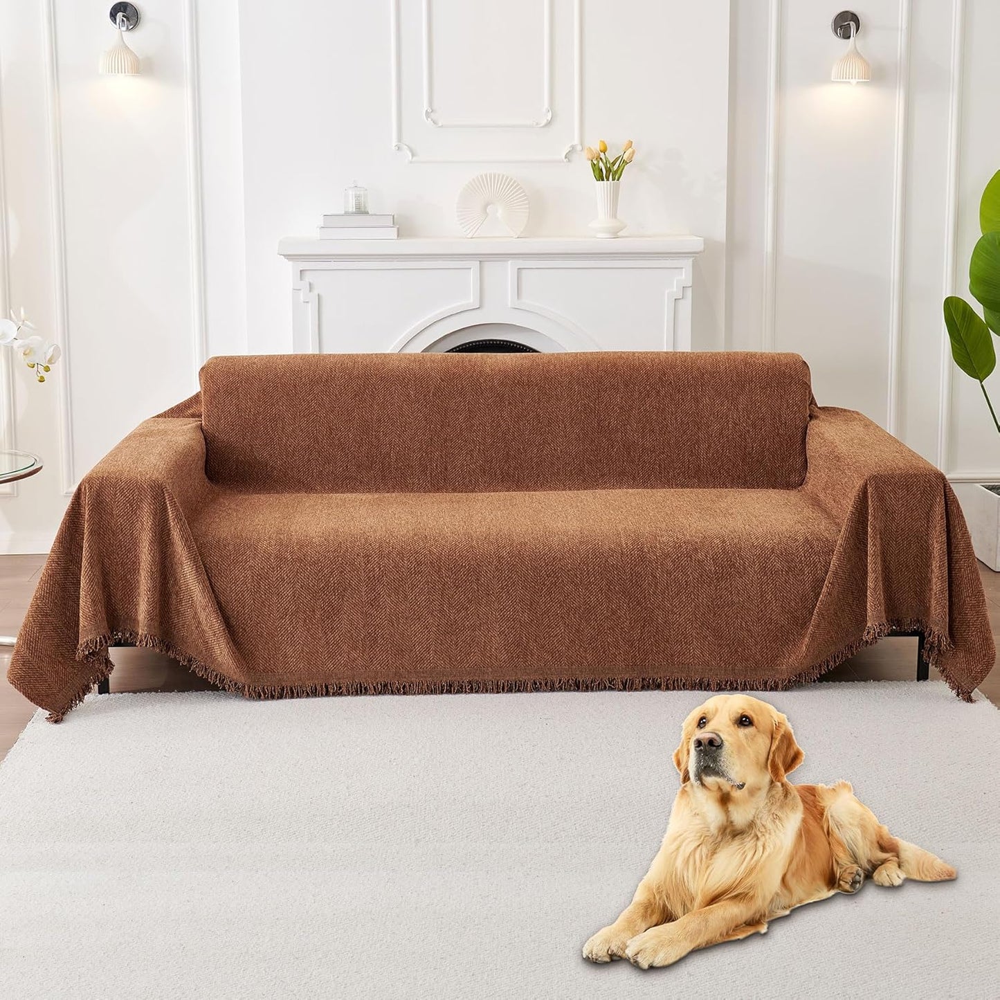 HAOMAIJIA Non Slip Couch Cover Sofa Covers for 3 Cushion Couch Washable sectional Couch Covers for Dogs pet Furniture Protector Couch Cover Blanket for Living Room (Off White, 91"x134")