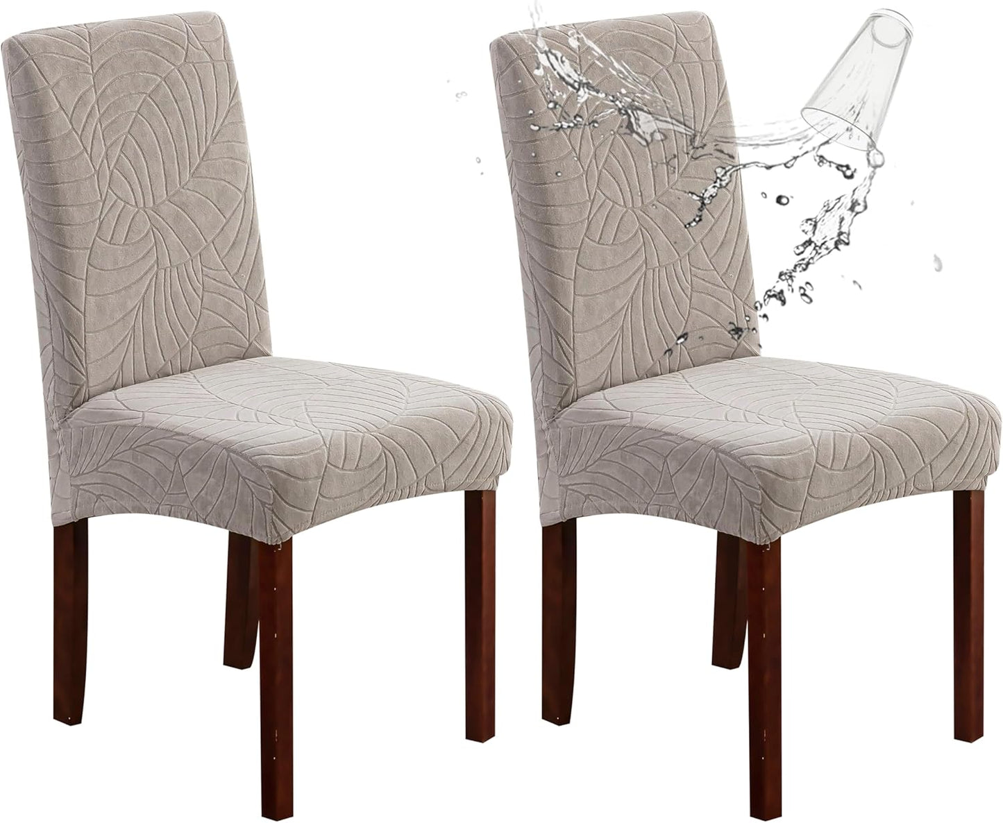 Genina Waterproof Chair Covers for Dining Room 6 Pack, Stretch Jacquard Dining Chair Cover Removable Washable Chair Protectors Cover for Kitchen, Home (Leaves-Warm Gray, 6 PCS)
