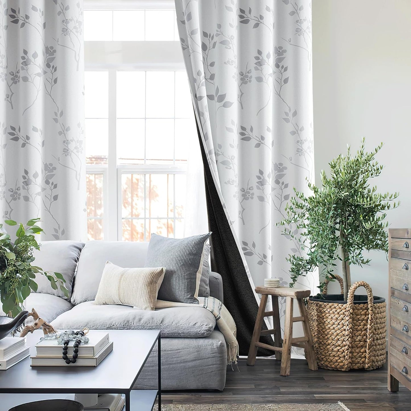 Beauoop Floral 100% Blackout Curtains 84 Inches Long 2 Panels for Bedroom Living Room Grey White Flower Patterned Room Darkening Thermal Insulated Soundproof Grommet Window Treatments Drapes, 52X84