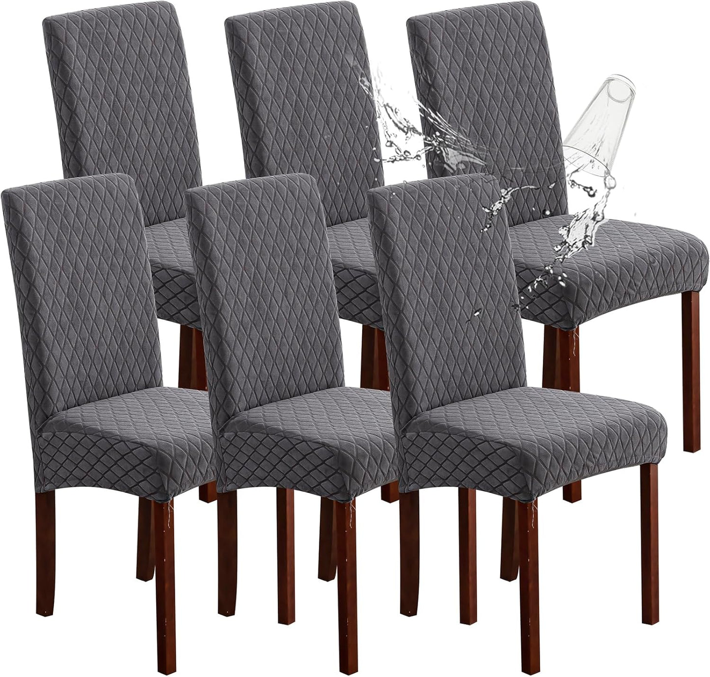 Genina Waterproof Chair Covers for Dining Room 6 Pack, Stretch Jacquard Dining Chair Cover Removable Washable Chair Protectors Cover for Kitchen, Home (Leaves-Warm Gray, 6 PCS)