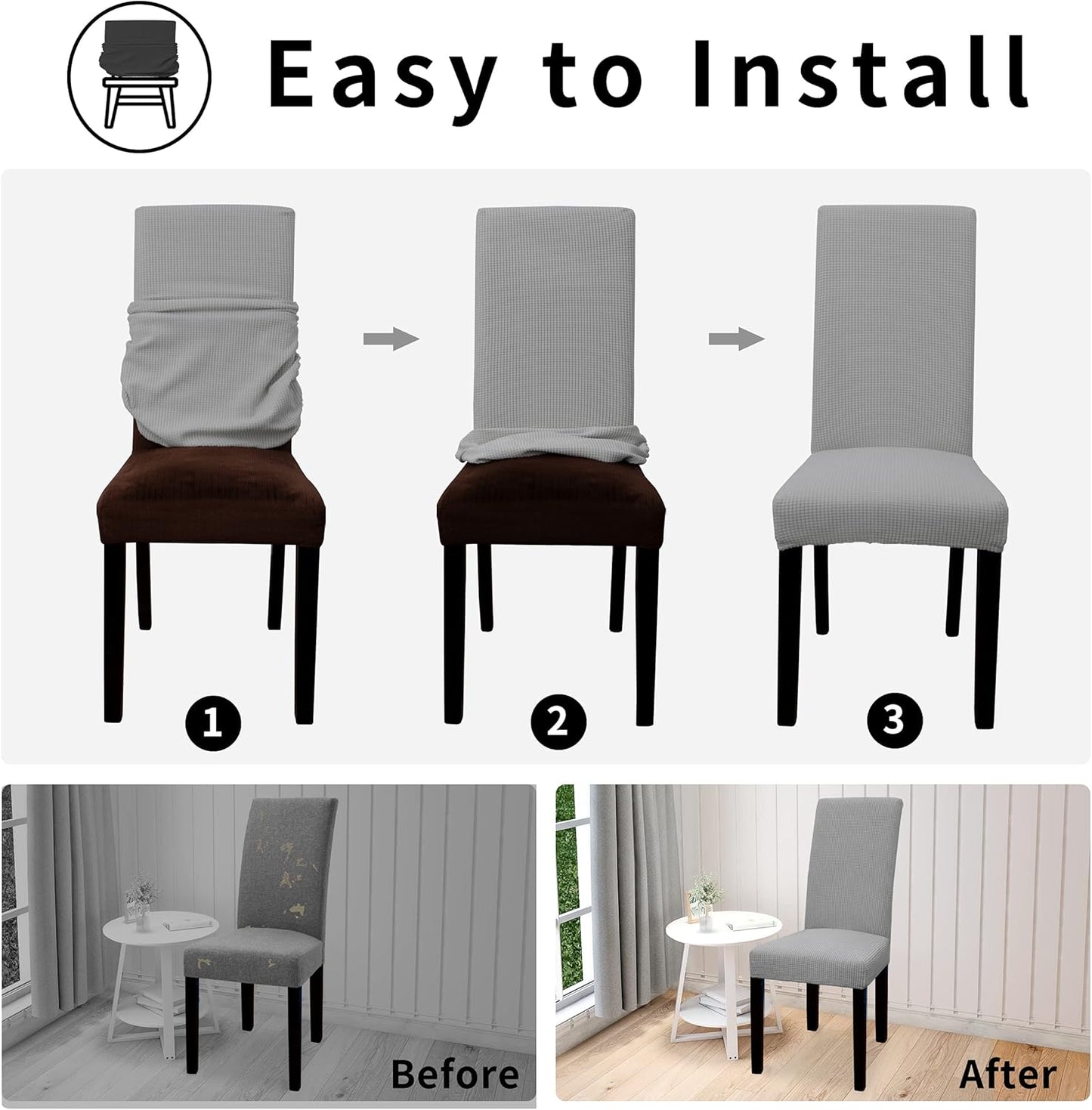 Easy-Going 100% Waterproof Dining Room Chair Cover Set of 6, Stretch Jacquard Parson Chair Slipcover Removable Washable Chair Protector for Home, Restaurant, Banquet (Large, Light Gray)