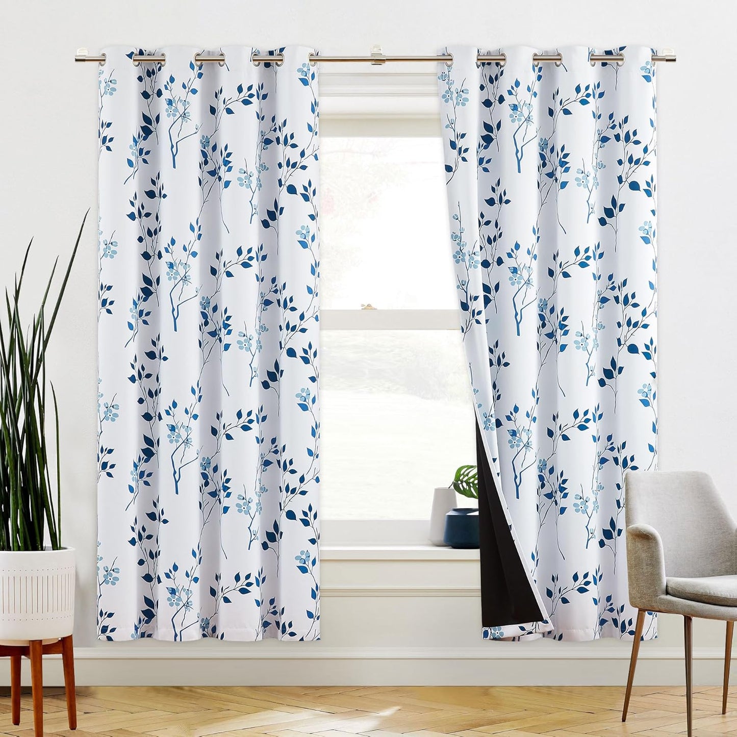 Beauoop Floral 100% Blackout Curtains 84 Inches Long 2 Panels for Bedroom Living Room Grey White Flower Patterned Room Darkening Thermal Insulated Soundproof Grommet Window Treatments Drapes, 52X84