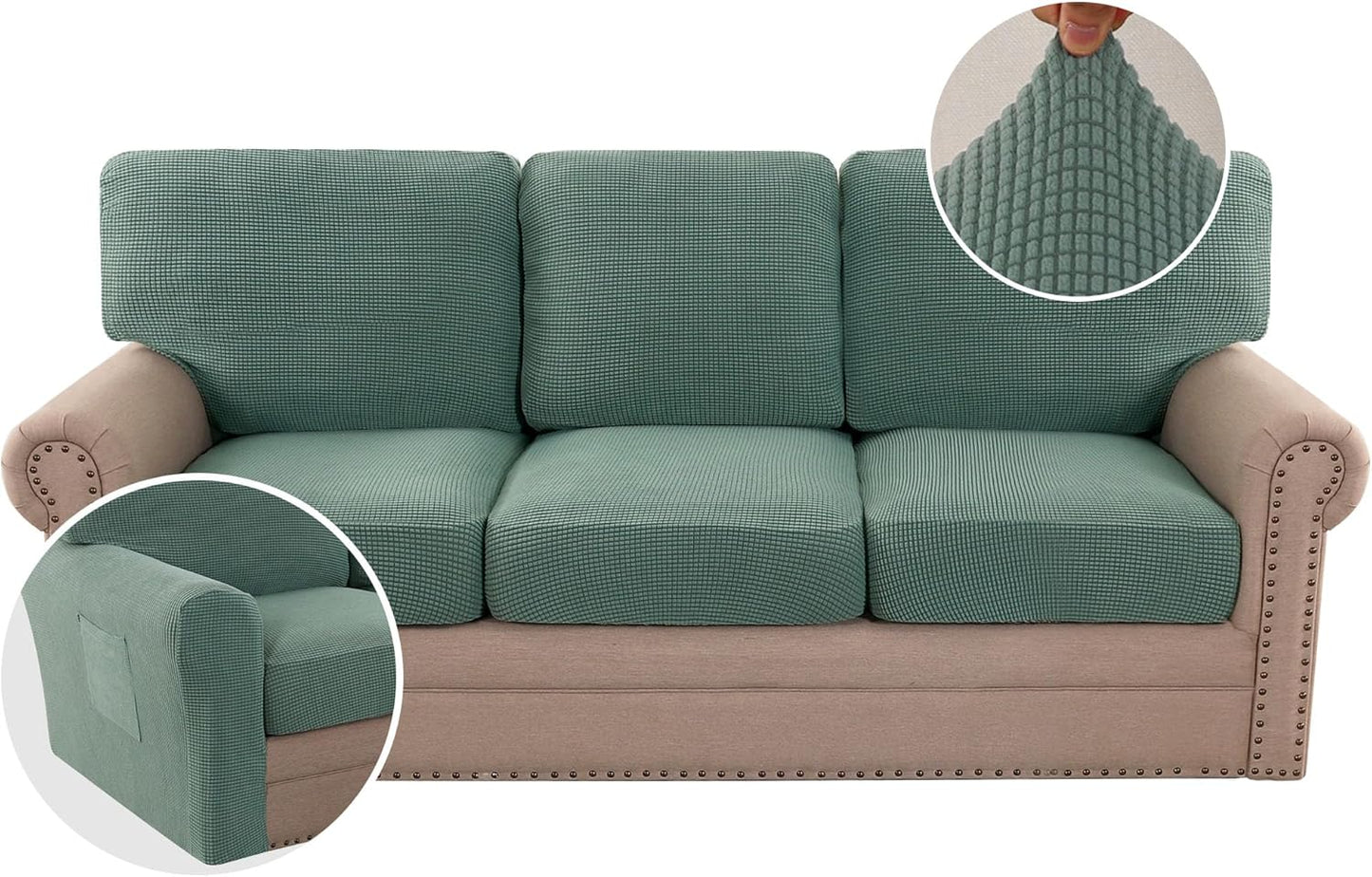 H.VERSAILTEX Multi-Pieces Sofa Covers Stretch Couch Covers Form Fitted Seats and Back Cushions Covers (3 Seat Covers Plus 3 Back Cusion Covers, Bonus 2 Armrest Covers), Grey