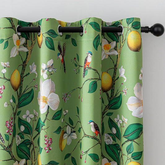 MYSKY HOME Floral Blackout Curtains 84 inch Long for Living Room Vintage French Country Grommet Lemon Hummingbird Patterned Room Darkening Thermal Drapes Bedroom Dining Room, 2 Pcs, 52", Sage Green