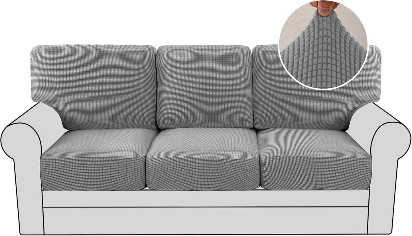 H.VERSAILTEX Multi-Pieces Sofa Covers Stretch Couch Covers Form Fitted Seats and Back Cushions Covers (3 Seat Covers Plus 3 Back Cusion Covers, Bonus 2 Armrest Covers), Grey