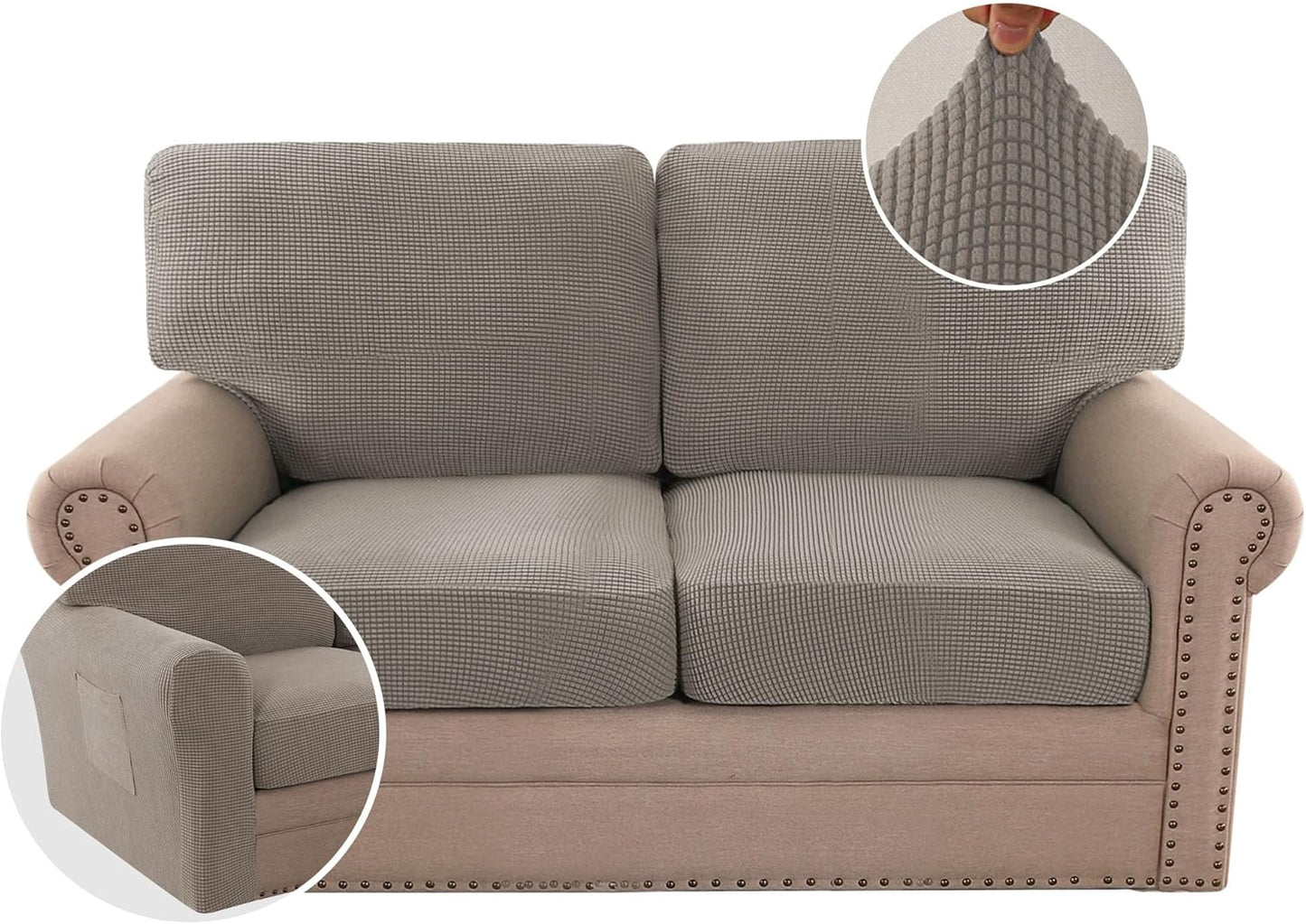 H.VERSAILTEX Multi-Pieces Sofa Covers Stretch Couch Covers Form Fitted Seats and Back Cushions Covers (3 Seat Covers Plus 3 Back Cusion Covers, Bonus 2 Armrest Covers), Grey