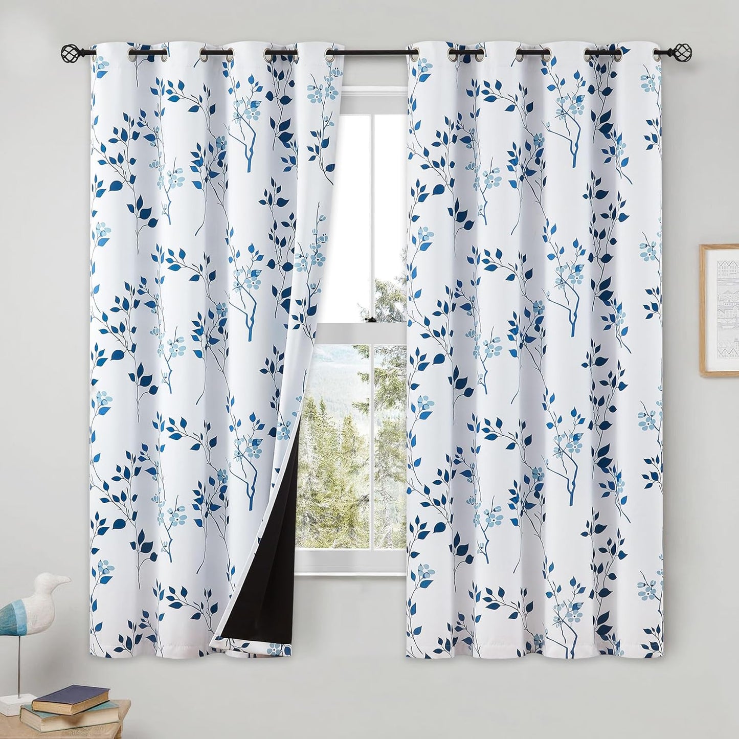 Beauoop Floral 100% Blackout Curtains 84 Inches Long 2 Panels for Bedroom Living Room Grey White Flower Patterned Room Darkening Thermal Insulated Soundproof Grommet Window Treatments Drapes, 52X84