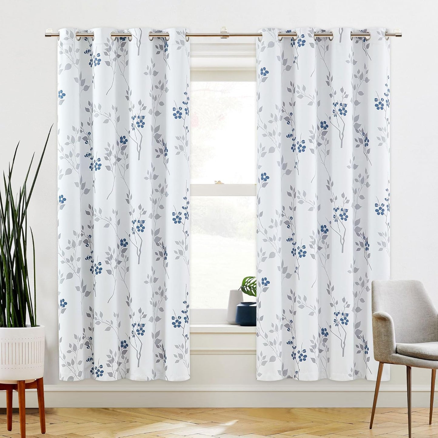 Beauoop Floral 100% Blackout Curtains 84 Inches Long 2 Panels for Bedroom Living Room Grey White Flower Patterned Room Darkening Thermal Insulated Soundproof Grommet Window Treatments Drapes, 52X84