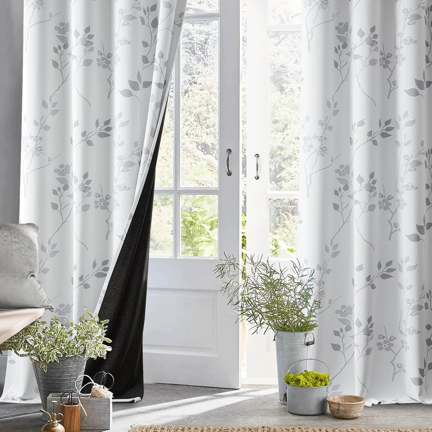 Beauoop Floral 100% Blackout Curtains 84 Inches Long 2 Panels for Bedroom Living Room Grey White Flower Patterned Room Darkening Thermal Insulated Soundproof Grommet Window Treatments Drapes, 52X84