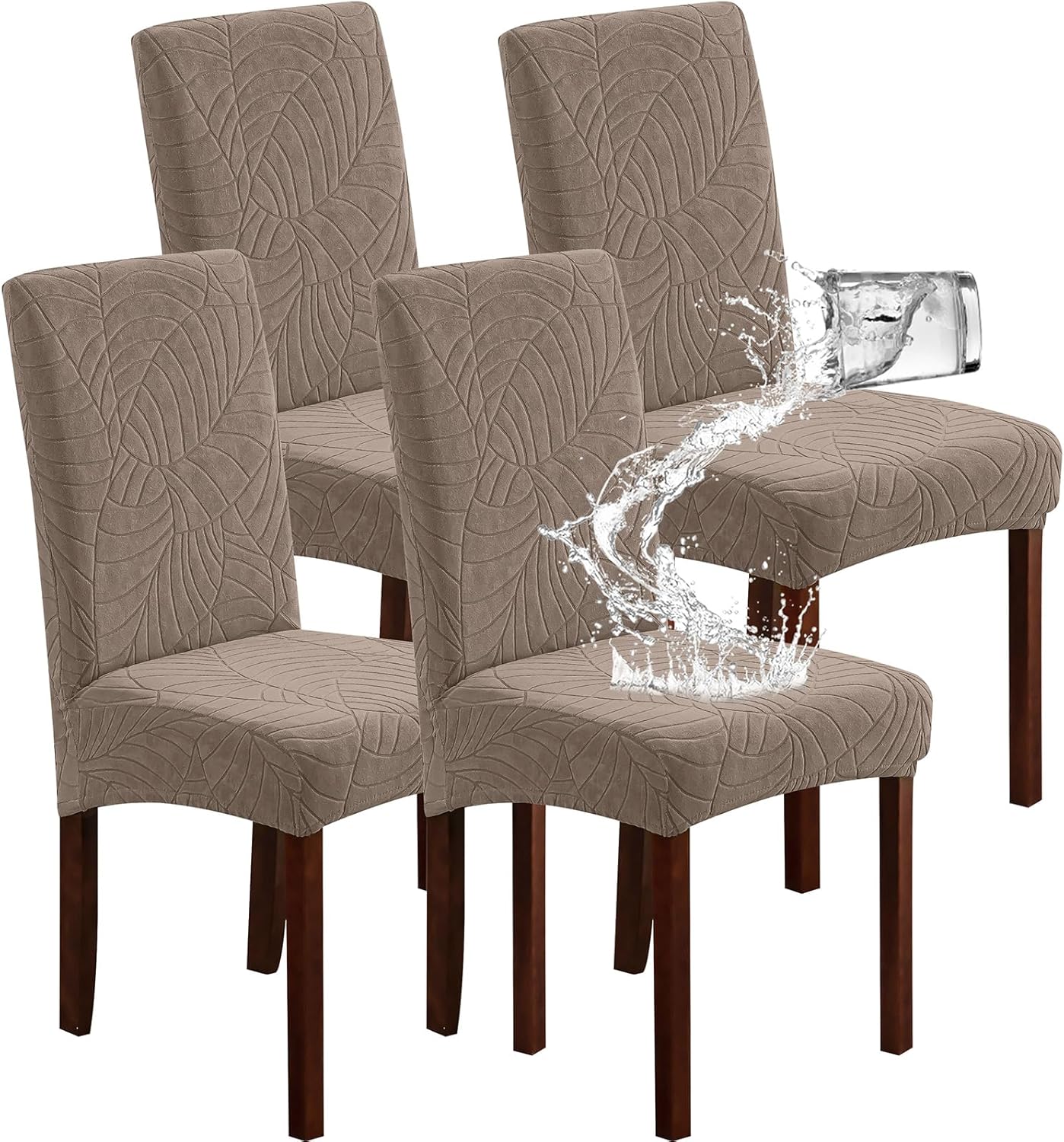Genina Waterproof Chair Covers for Dining Room 6 Pack, Stretch Jacquard Dining Chair Cover Removable Washable Chair Protectors Cover for Kitchen, Home (Leaves-Warm Gray, 6 PCS)