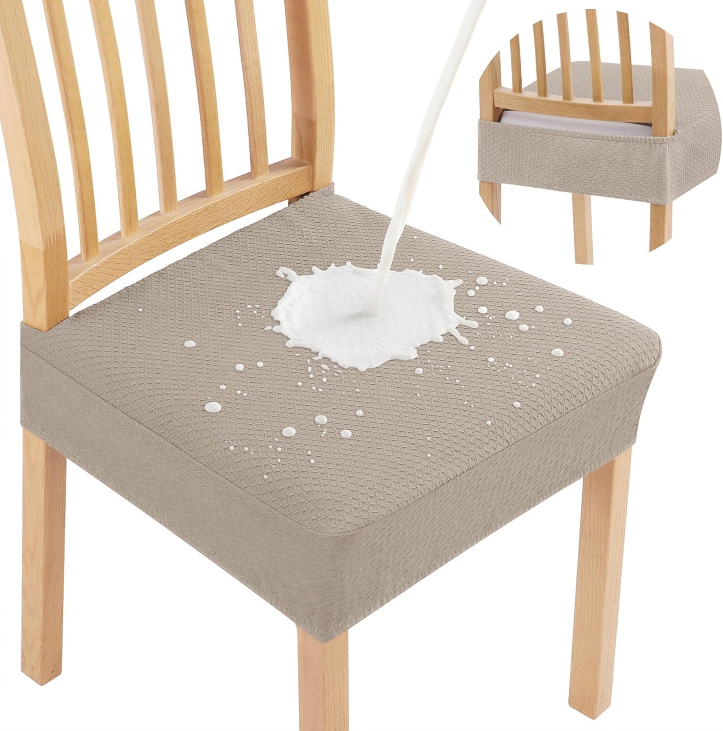 Smiry Waterproof Seat Covers for Dining Room Chairs Set of 4, Stretch Jacquard Removable Washable Chair Seat Slipcovers Protector, No Rear Covers, Beige