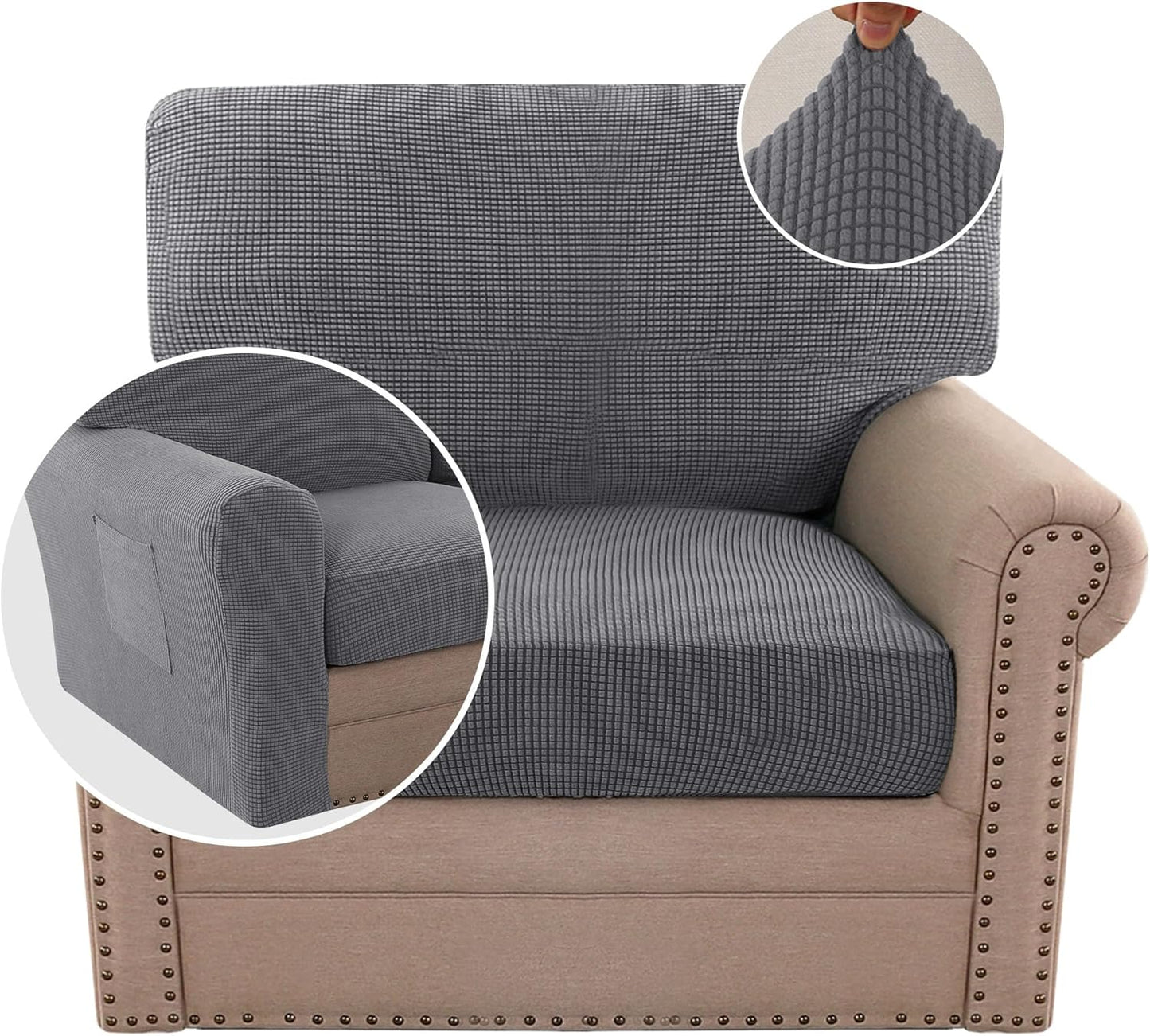 H.VERSAILTEX Multi-Pieces Sofa Covers Stretch Couch Covers Form Fitted Seats and Back Cushions Covers (3 Seat Covers Plus 3 Back Cusion Covers, Bonus 2 Armrest Covers), Grey
