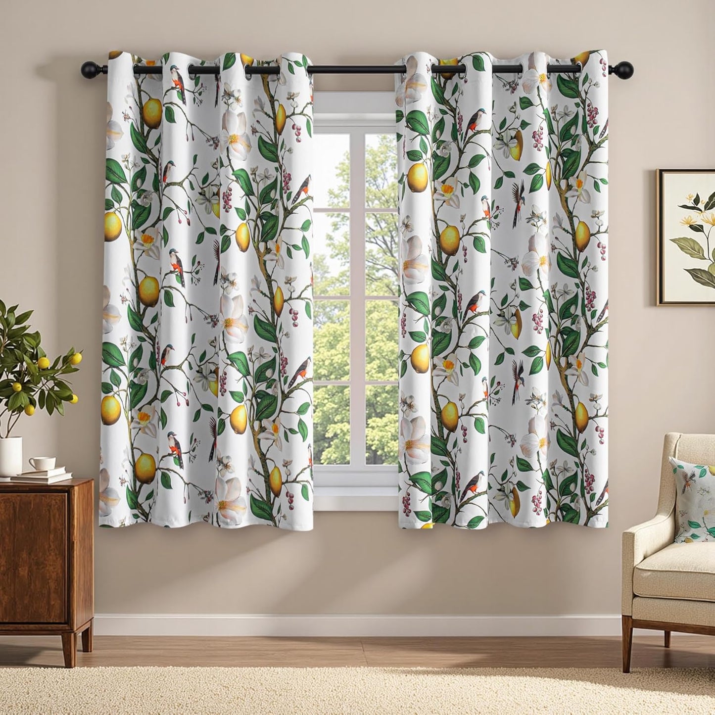 MYSKY HOME Floral Blackout Curtains 84 inch Long for Living Room Vintage French Country Grommet Lemon Hummingbird Patterned Room Darkening Thermal Drapes Bedroom Dining Room, 2 Pcs, 52", Sage Green