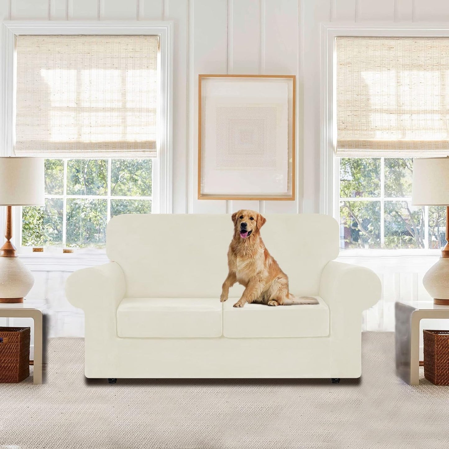 WEERRW Velvet Couch Covers for 2 Cushion Couch Sofa - High Stretch Luxury Velvet Plush 3 Pieces Sofa Slipcovers with Elastic Bottom, Furniture Protector for Pets, Machine Washable, Ivory, Medium