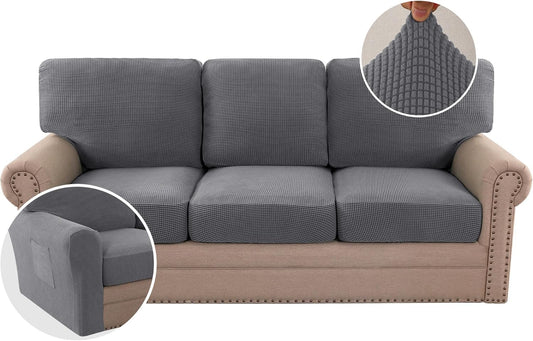 H.VERSAILTEX Multi-Pieces Sofa Covers Stretch Couch Covers Form Fitted Seats and Back Cushions Covers (3 Seat Covers Plus 3 Back Cusion Covers, Bonus 2 Armrest Covers), Grey