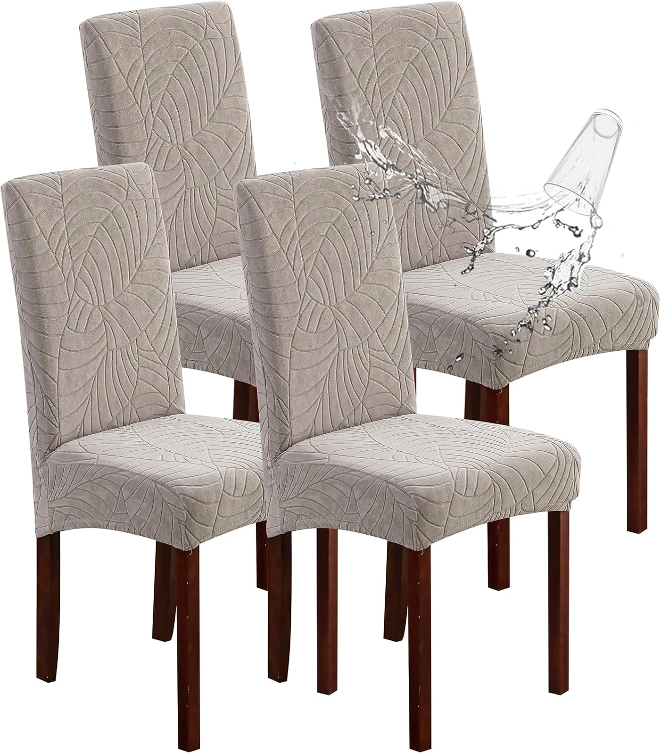 Genina Waterproof Chair Covers for Dining Room 6 Pack, Stretch Jacquard Dining Chair Cover Removable Washable Chair Protectors Cover for Kitchen, Home (Leaves-Warm Gray, 6 PCS)
